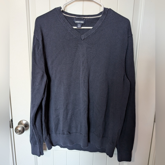 Lands' End Supima Cotton Men's V Neck Knit Sweater XL Navy Blue - Picture 1 of 3